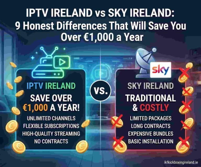 IPTV Ireland vs Sky Ireland cost comparison showing annual savings over one thousand euros for Irish households