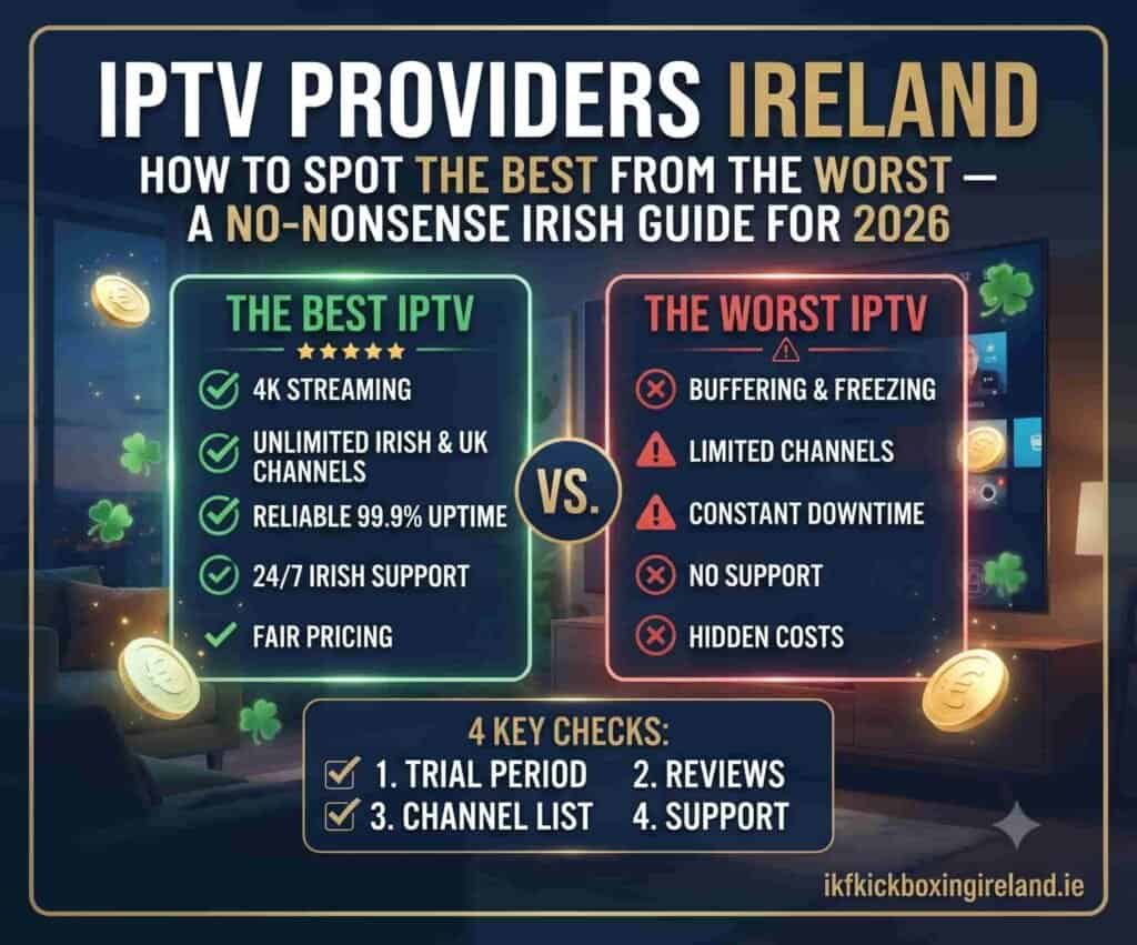 IPTV Providers Ireland comparison guide showing warning signs and green flags for Irish viewers 2026