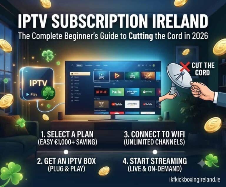 IPTV Subscription Ireland showing 20000 channels streaming on Smart TV Fire Stick and mobile devices