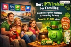 Best IPTV Ireland for families showing parents and kids streaming different channels on multiple devices simultaneously