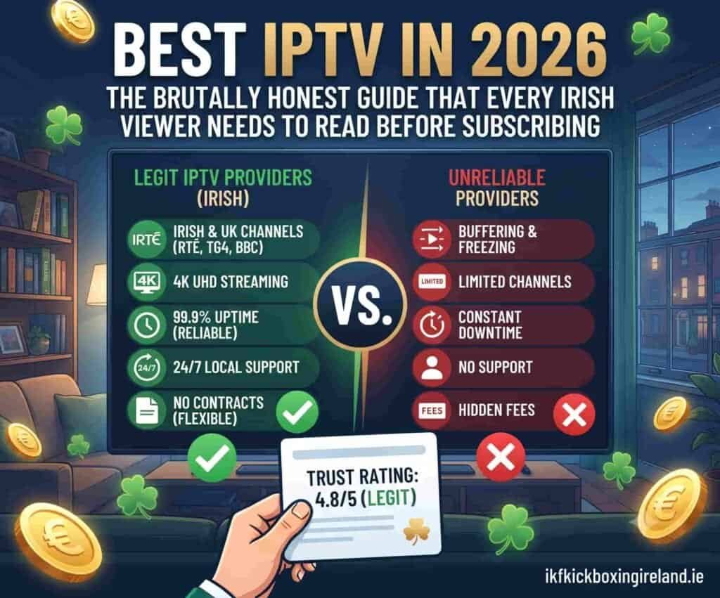 Best IPTV 2026 guide showing 5 essential features tested for Irish viewers including sports channels and 4K streaming