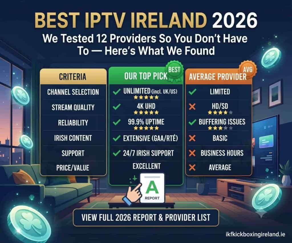 Best IPTV Ireland 2026 comparison showing 7 criteria tested across 12 providers for Irish viewers